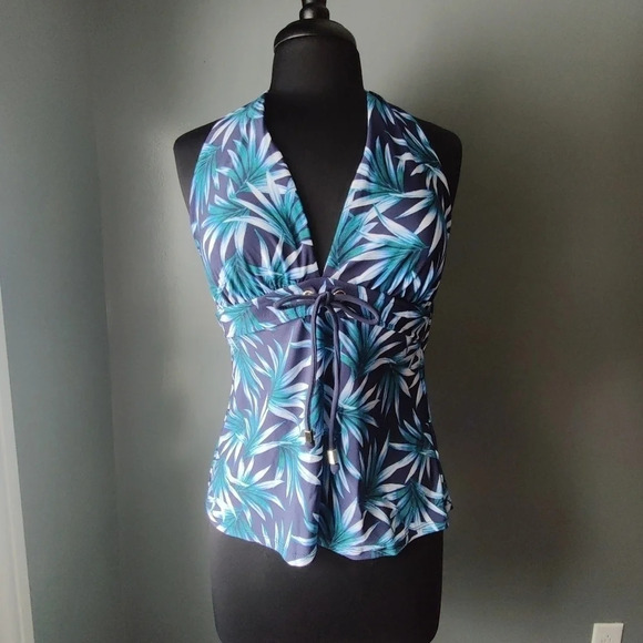 *NWOT* Coastal Blue Palm Leaf Halter Tankini - Picture 1 of 4